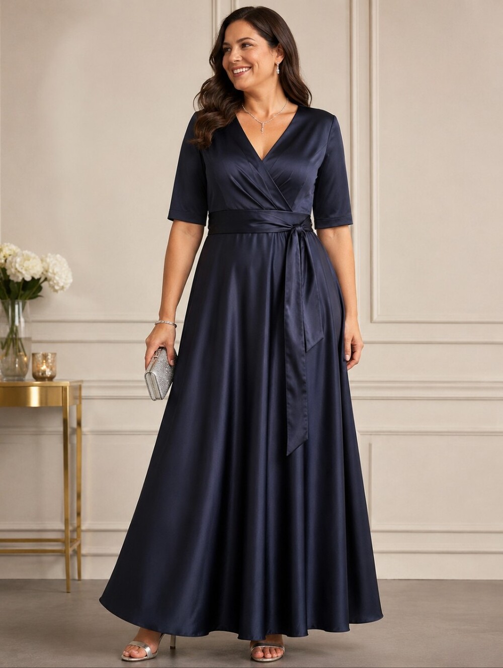 Alex Evenings Navy Satin Wrap Maxi Evening Dress Size 12 NWT